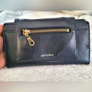 Samsara Black Leather Trifold Wallet with Gold Zipper